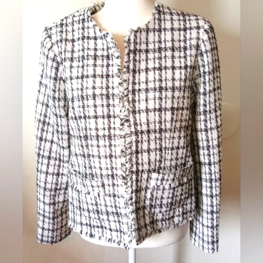 Nanette Lepore Black and White Tweed Fringe Jacket Women's Size M